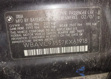 2007 BMW 328Xi из США, поврежденный, VIN WBAVC93557KX61918